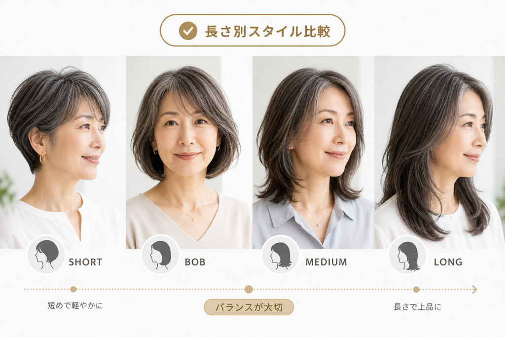 長さ別|50代の白髪が若く見えるおすすめスタイル比較