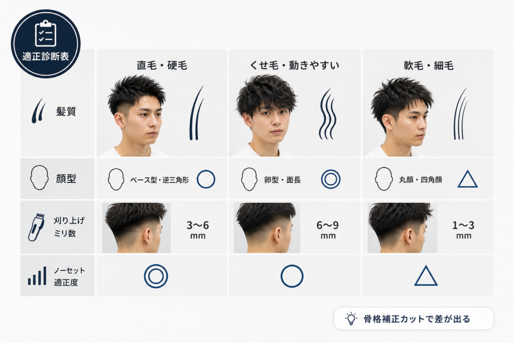 髪質・顔型・刈り上げミリ数別|ノーセット適正診断表